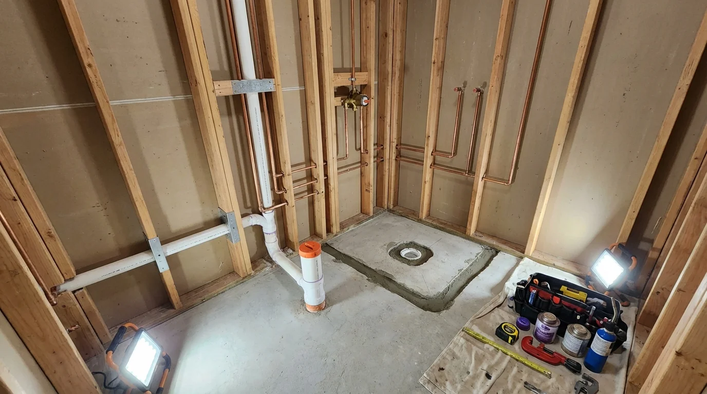 Bathroom rough-in plumbing during remodel by Johns Plumbing LLC in Middlefield