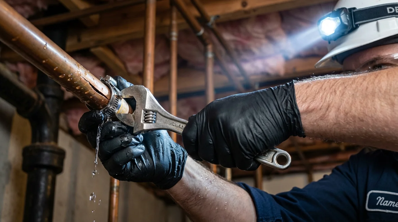 Emergency pipe clamp repair being performed by a Johns Plumbing LLC plumber in Middlefield
