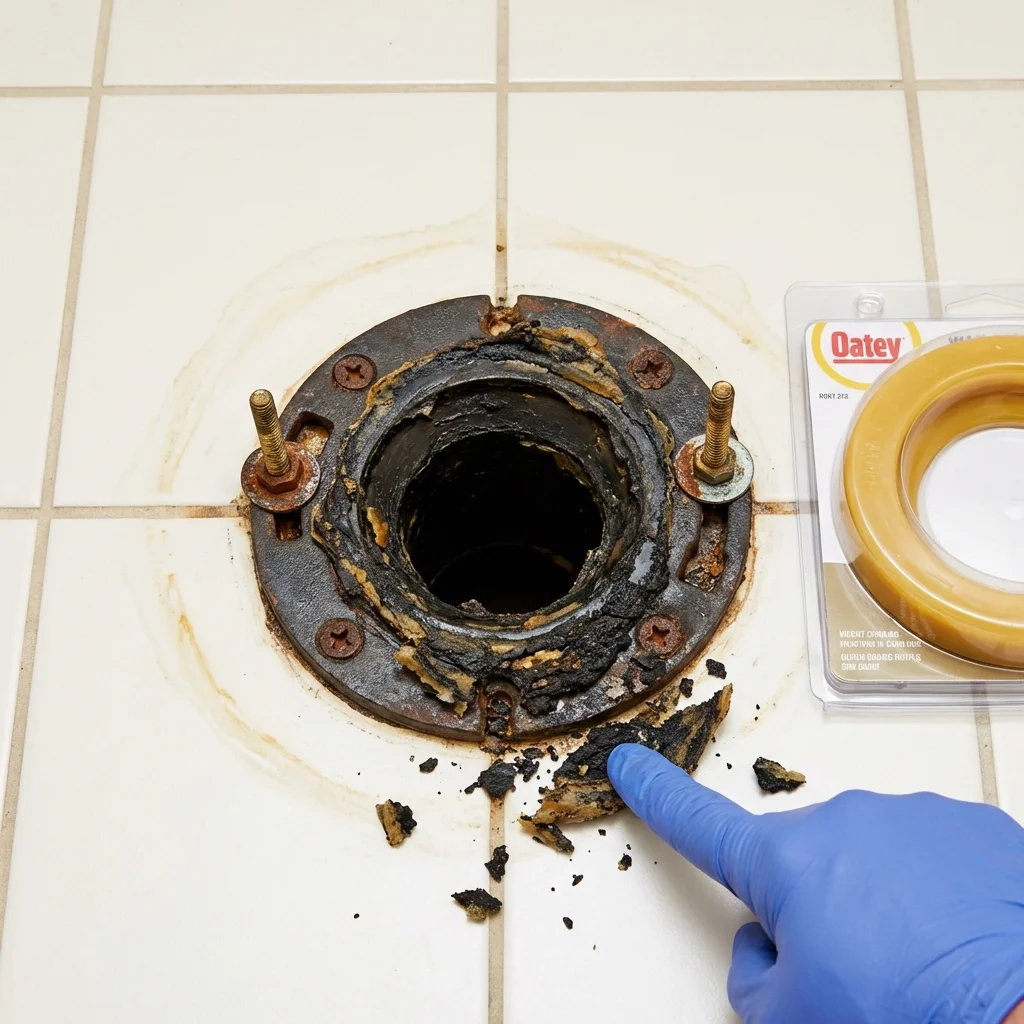 Failed wax ring showing water seepage at the base of a toilet in a Middlefield, OH home