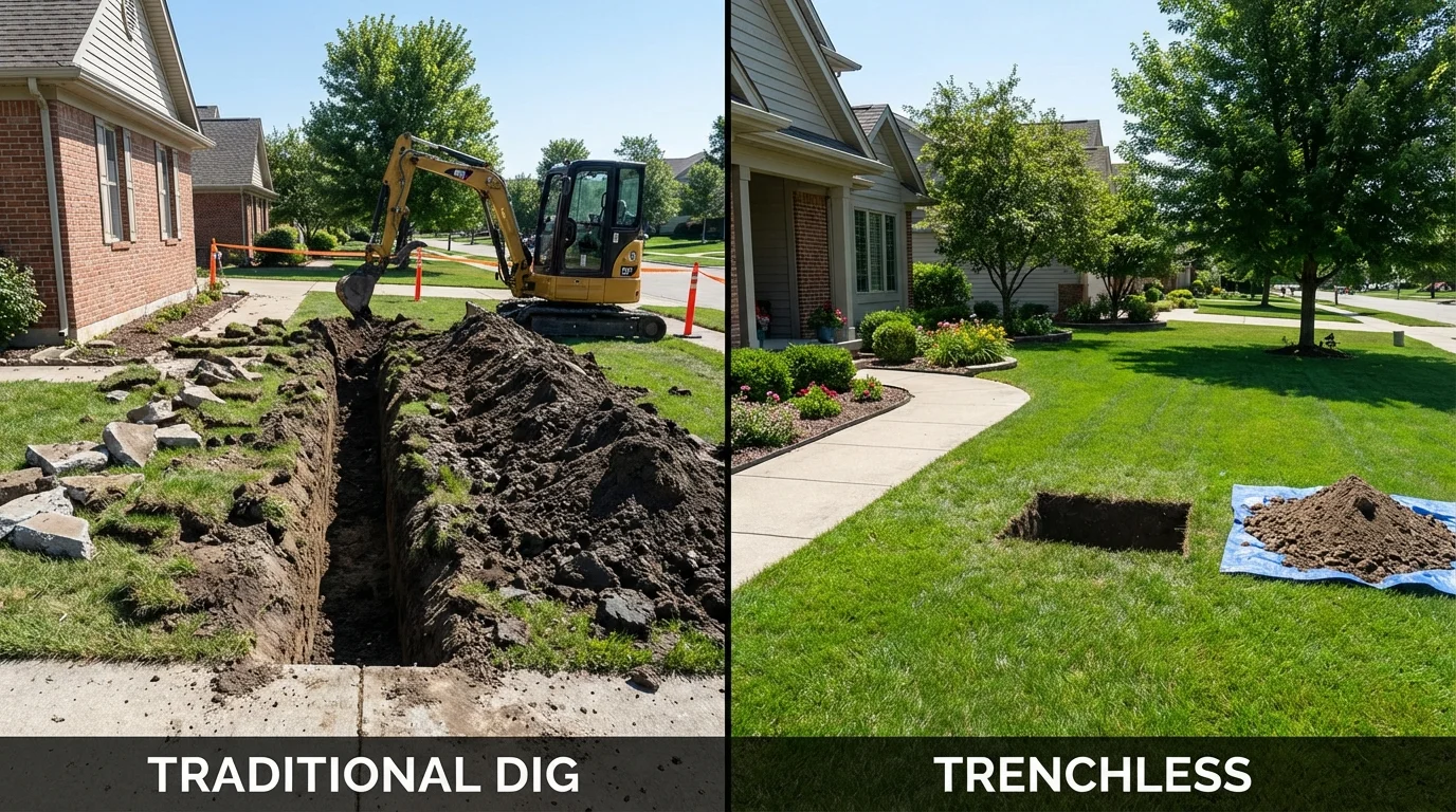 Trenchless sewer repair with minimal yard damage versus traditional excavation in Middlefield, OH