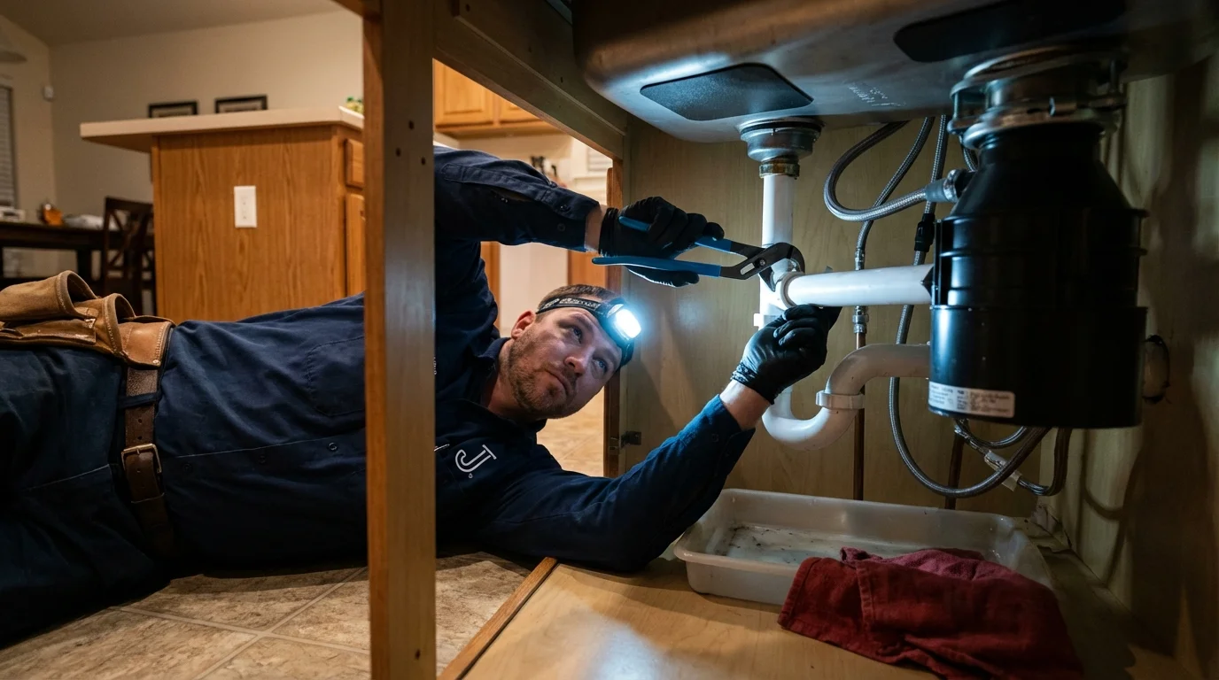 P-trap and supply line connections under a kitchen sink showing a common leak point in Middlefield, OH